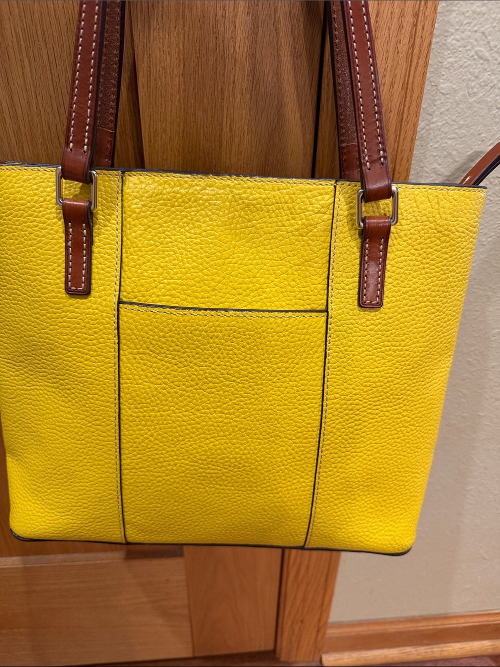 Dooney & Bourke Bright Yellow Pebbled Leather Tote with Brown Straps - Picture 4 of 9